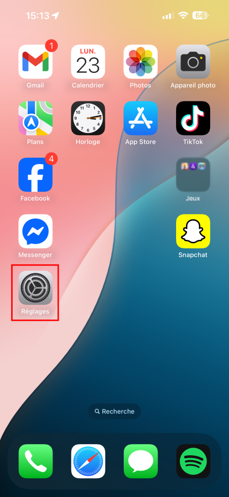 iOS - étape 1 : Ouvrez l'app Réglages