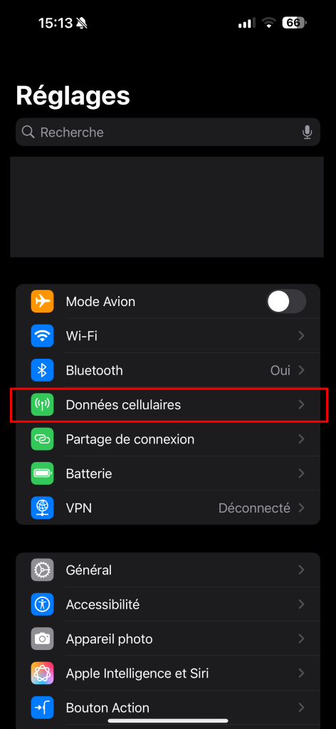 iOS - étape 2 : Touchez Données cellulaires