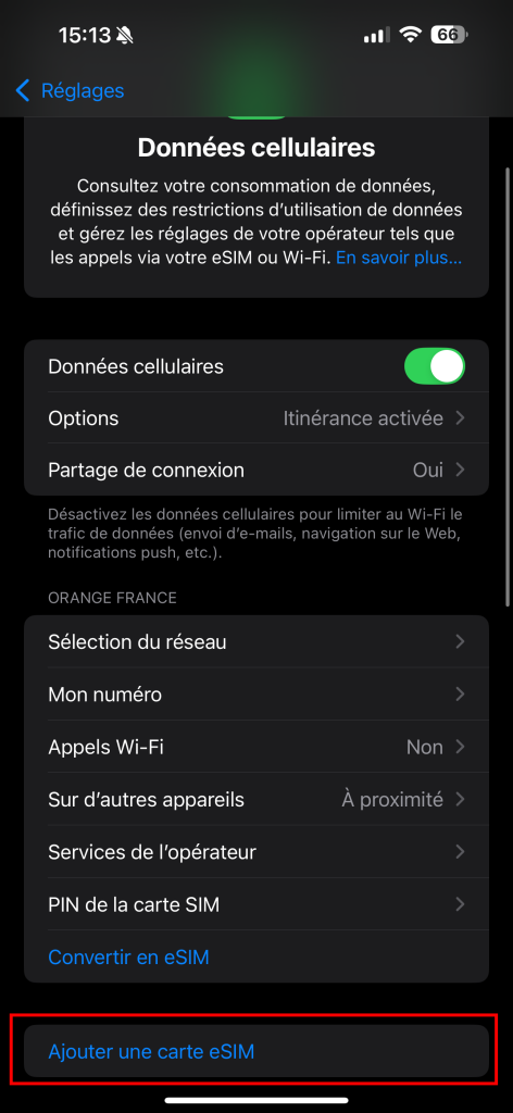 iOS - étape 3 : Ajouter une carte eSIM