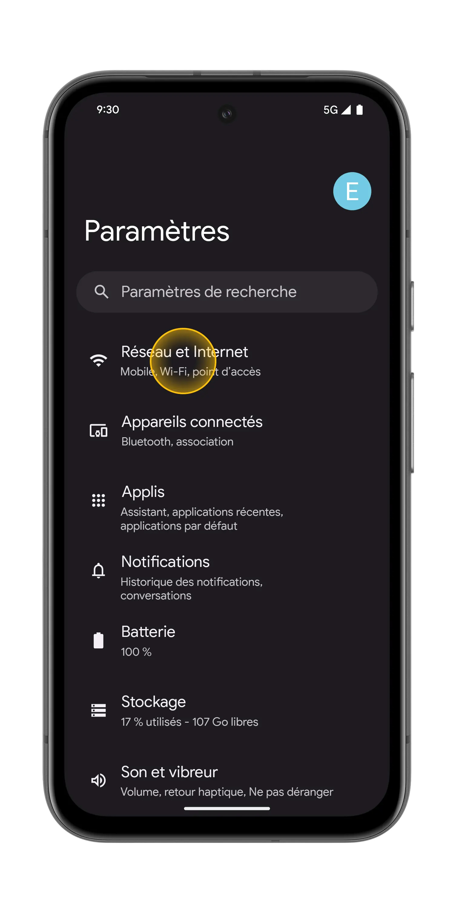 Google - étape 1 : Ouvrez les Paramètres