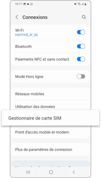 Samsung - étape 2 : Connexions › Gestionnaire de carte SIM
